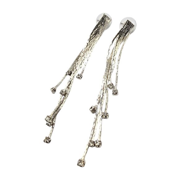 Pierced Modern Cascade Earrings Clear Rhinestones Silver Tone Dangle Approx. 3" - Picture 2 of 6